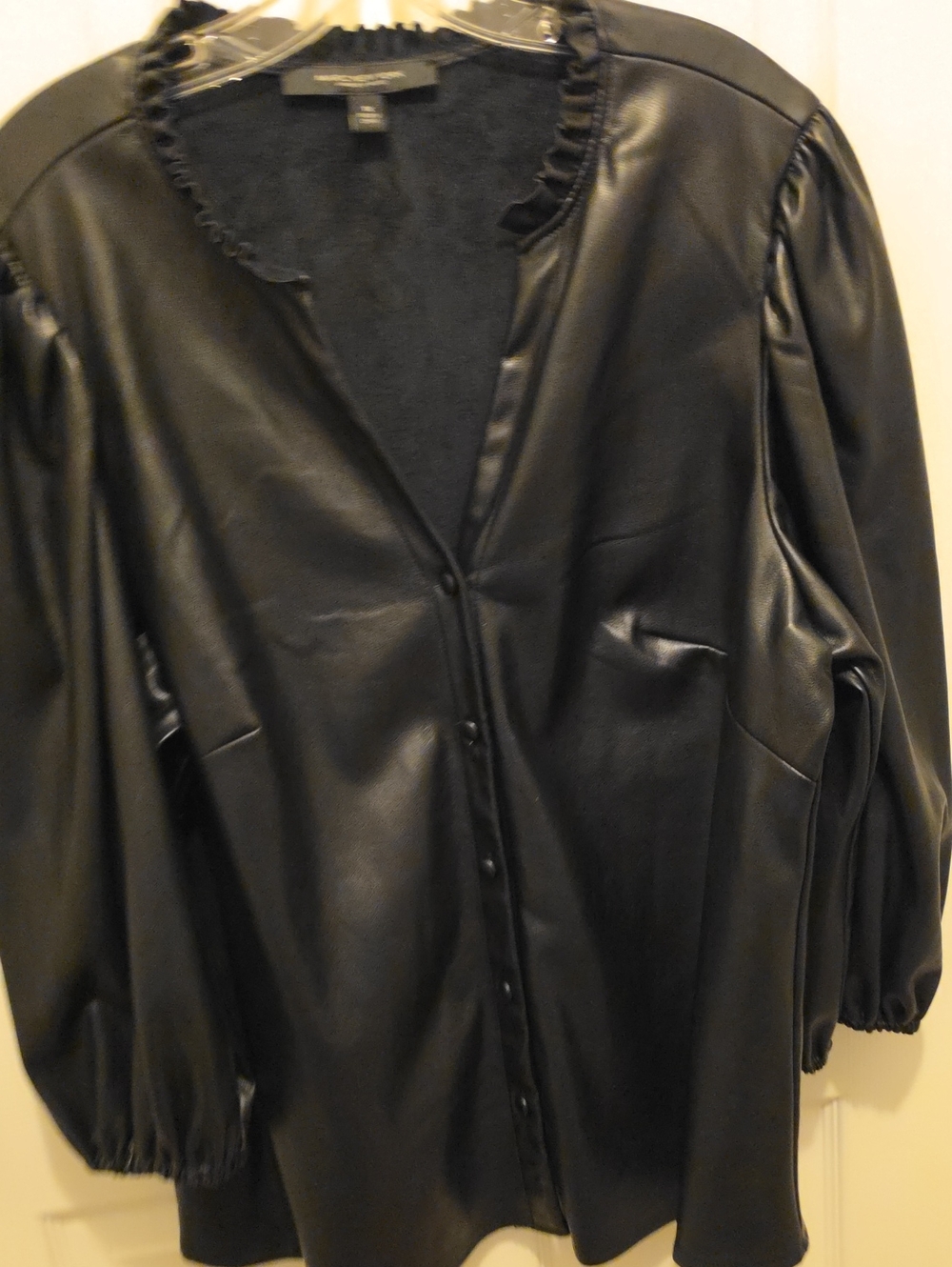 Marc New York black faux leather button-front puff sleeve blouse